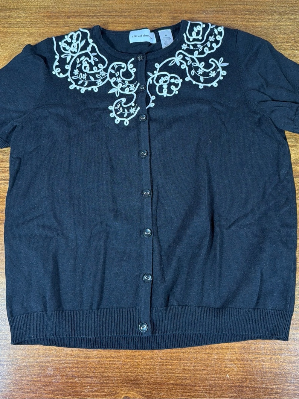 Alfred Dunner Black Button-Front Sweater with White Embroidery